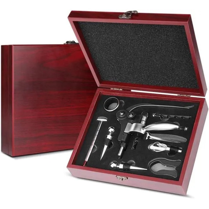 Set tirbusoane si accesorii vin, 9 piese, inox, crom, cutie lemn, 25x15x10cm