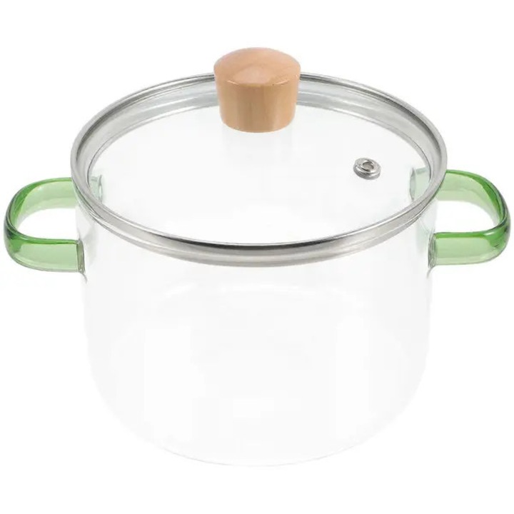 Oala din sticla, cratita pentru gatit cu capac si manere duble, rezistenta la soc termic, buton din lemn, transparent/verde deschis, 1500ml