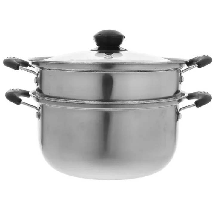 Oala pentru aburi/aburitor din otel inoxidabil, cu cos strecurator si capac, compatibila cu gaz/electric/inductie, argintiu, 1 buc, 24x16.5x20 cm