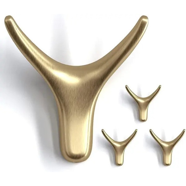 Set 4 carlige de perete, cuier pentru prosoape si ustensile, design cap de vaca, din aliaj de zinc cu placare in 7 straturi anti-rugina, auriu