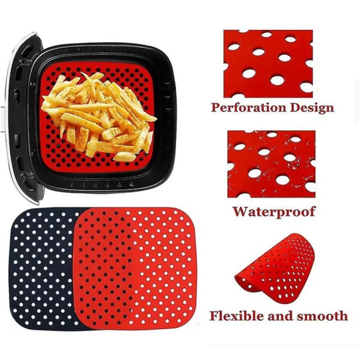 Covoras/liner din silicon pentru friteuza cu aer, antiaderent perforat pentru circulatie aer, reutilizabil, lavabil in masina de spalat, rezistent la temperaturi inalte, compatibil cos patrat si rotund, Negru/Rosu, 1 buc