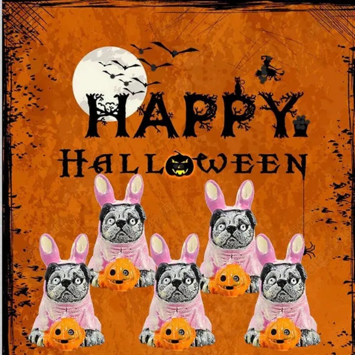 5 darabos szett, Halloween ijesztő nyuszi-kutya dekorációs figura, gyantából, faragott részletekkel, rózsaszín, 5 x 1 db