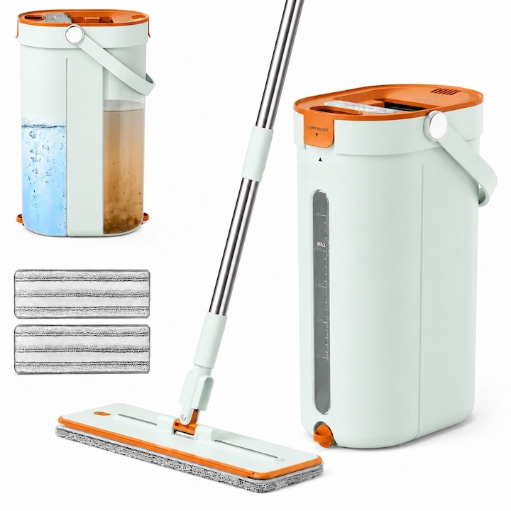 Set Mop Plat 360° cu Galeata cu Vizor Nivel Apa, Sistem 3 Rezervoare, Separare Apa Curata/Murdara, Racleta Integrata, Maner Telescopic 76-165 cm, 2 Rezerve Microfibra, Stoarcere Rapida fara Contact, Robinet de Scurgere, Usor de Curatat, Verde