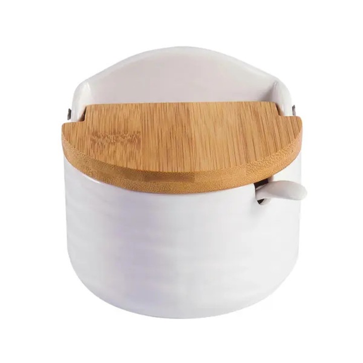 Bol pentru zahar/recipient pentru condimente din ceramica alimentara, cu capac din bambus, glazura lucioasa, spate plat pentru fixare, eticheta pentru identificare, alb, 270 ml