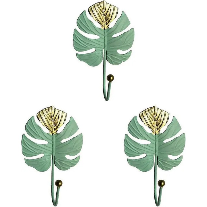Закачалка за стена, златна желязна закачалка във формата на листо, полиран завършек, за дрехи и аксесоари, зелен/златист, 3 броя