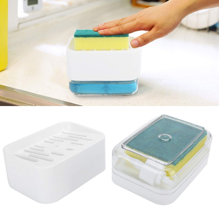 Dispenser sapun si suport burete 2in1, transparent, 15x10x8cm