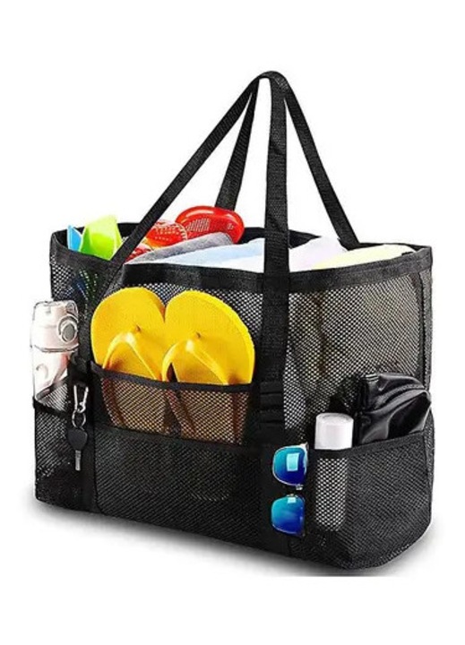 Geanta de plaja din plasa, cu multiple buzunare si fermoar inoxidabil, respiranta, manere lungi, negru, 43x20x39 cm