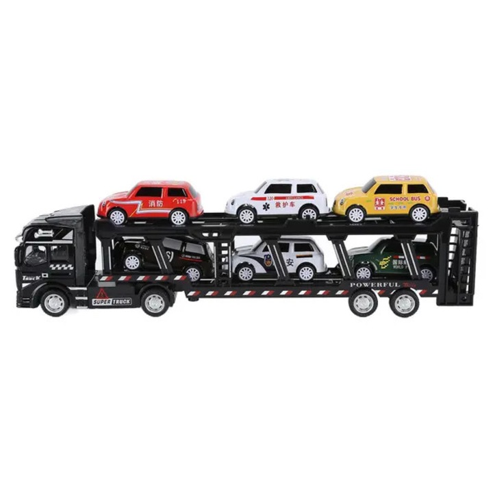 Camion transportor pentru masinute, jucarie model din aliaj si ABS, detasabil, cu 6 masinute incluse, roti din cauciuc, mecanism pull-back, Negru/Multicolor, 1 set (1 camion + 6 masinute)