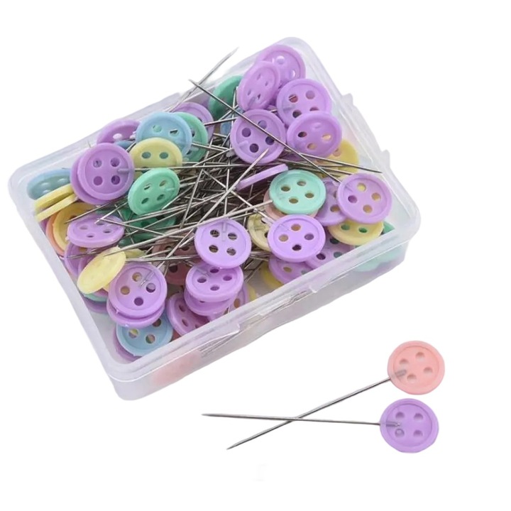 Ace de cusut, piuneze cap plat tip nasture, metal durabil cu cap plastic, cutie depozitare transparenta, multicolor, 150 bucati