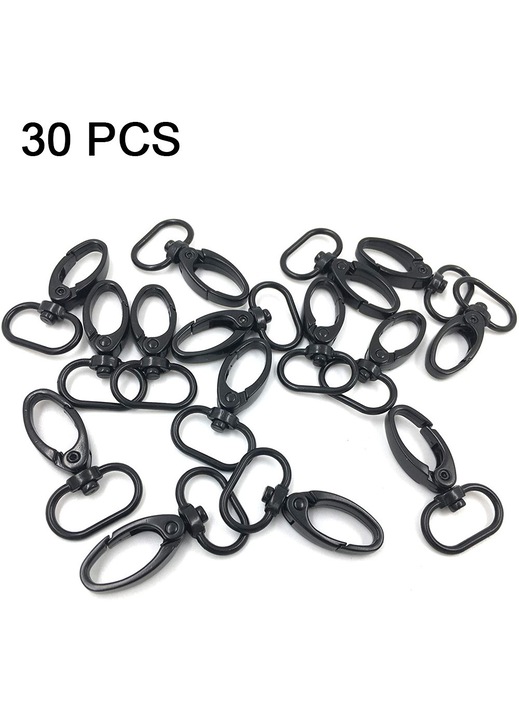 30 darabos készlet, forgatható karabiner (homárkapocs) övekhez és pántokhoz, tartós rozsdamentes ötvözet, 360°-ban forgatható, belső 25 mm, hossz 50 mm, fekete