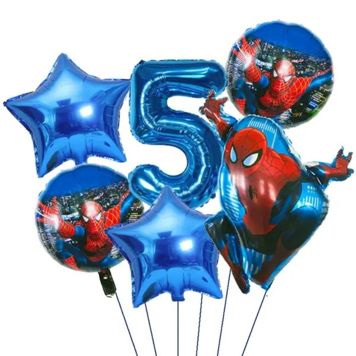 Комплект балони Marvel Spiderman, фолиеви балони за надуване за детско парти, с цифра 5 и форми на звезда, синьо/червено, 6 броя