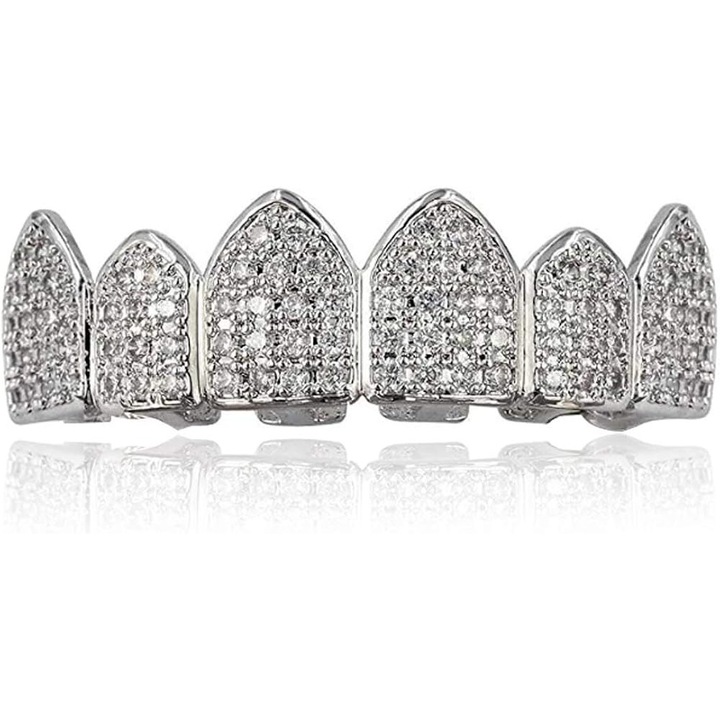 Grillz fogékszer, 18K aranyozott sárgaréz, AAA+ kövezett cirkónia és iced-out hatás, szilikon rudakat tartalmaz a formázáshoz, állítható, arany, univerzális méret