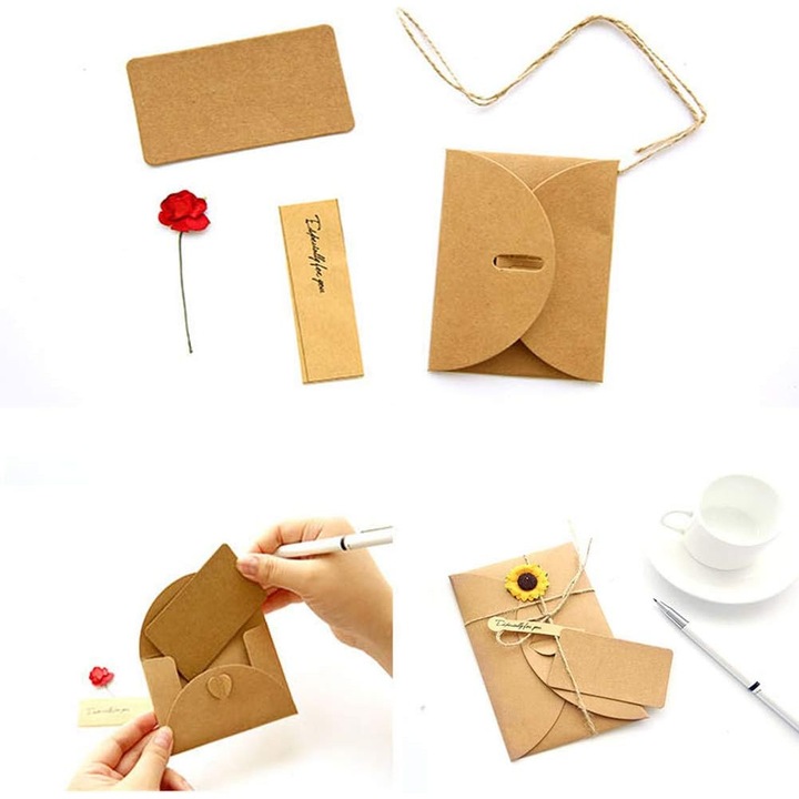 Set 6 bucati, carduri de felicitare/invitatii facute manual cu flori 3D, din hartie, cu plicuri, snur si etichete, kraft