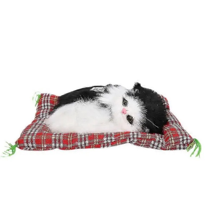 Плюшена играчка котка, декоративен плюш с мяукащ звук при натискане, мек плюш, черно/бял, 1 бр., 18x15.5 см