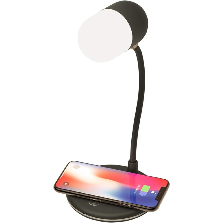 Lampa birou LED cu difuzor Bluetooth, incarcare wireless, reglabila, alba, 30x15x10cm