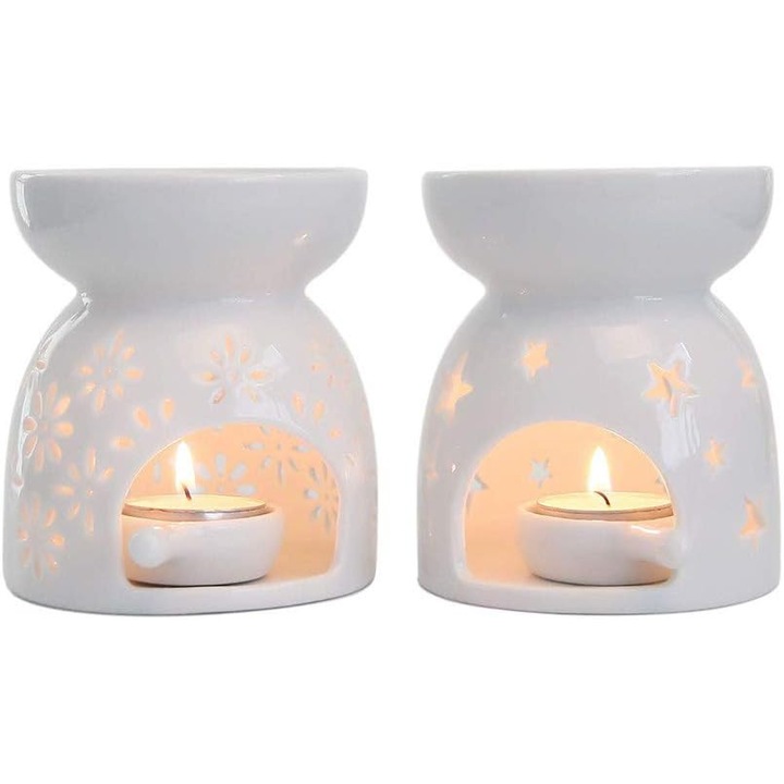 Set 2 suporturi lumanari ceramice, alb, 10.5x11.5cm, cu lingurita