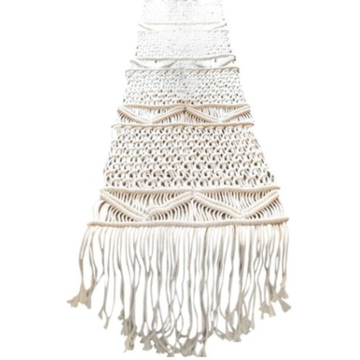 Runner de masa, traversa macrame, din bumbac, lucrat manual, stil boho cu franjuri, 35x180 cm, bej, 1 bucata