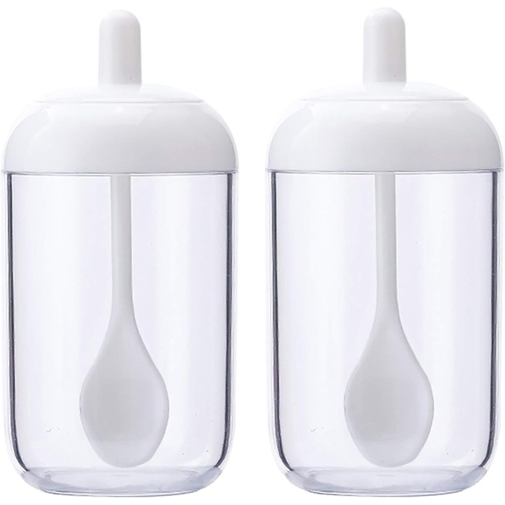 Set 2 bucati, borcane/recipiente pentru condimente din PP+PC, cu capac si lingurita 2-in-1, alb/transparent, 13x6.5cm