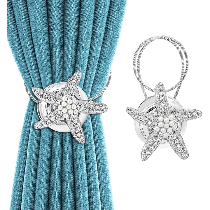Set 2 cleme magnetice perdea, design scoica, argintiu, 31.5cm