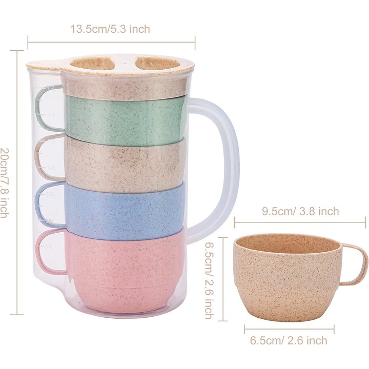Többszínű teáskanna szett 4 csészével, búzaszalma rostból, 1.2L