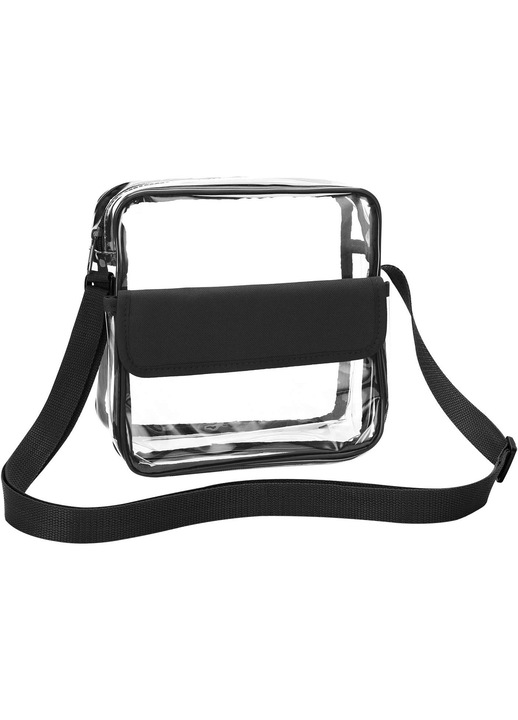 Geanta transparenta din PVC, crossbody cu curea de umar reglabila, aprobata pentru stadioane si concerte, impermeabila, cu buzunar frontal si fermoar, transparent/negru