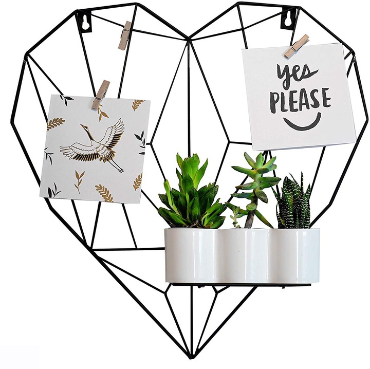 Rama foto metalica inima, organizator de perete multifunctional cu plasa pentru fotografii si suport pentru plante, stil nordic, negru, 50.5 x 50 cm, 1 buc
