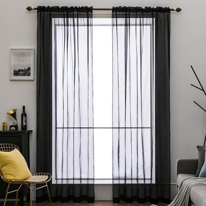 Áttetsző voile függöny/poliészter drapéria, tunellel karnisra, egyszínű, fekete, 2 darabos szett, 175 x 140 cm