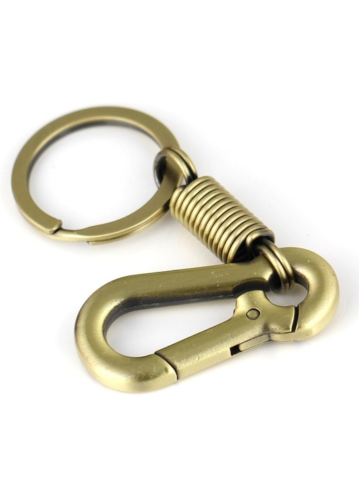 Polírozott krómozott ötvözet karabiner kulcstartó, miniatűr retro design, fix rugóval, ezüst