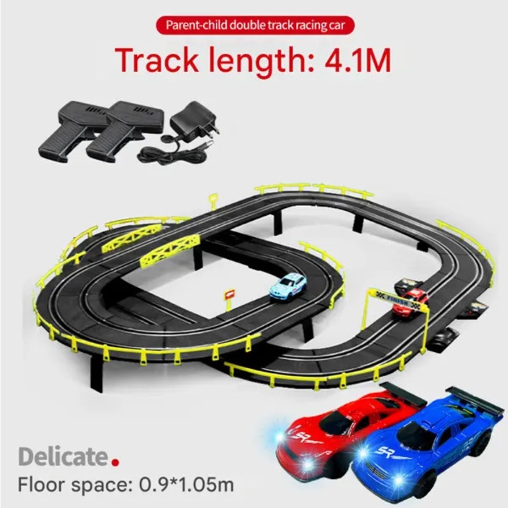 Set masinute electrice telecomandate, pista dubla 4.1m, pentru copii 8-10 ani, multicolor