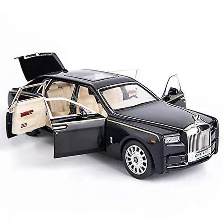 Fém autómodell 1/24 Rolls-Royce Phantom fekete hanggal, fénnyel és lendkerekes meghajtással 21x7x6cm