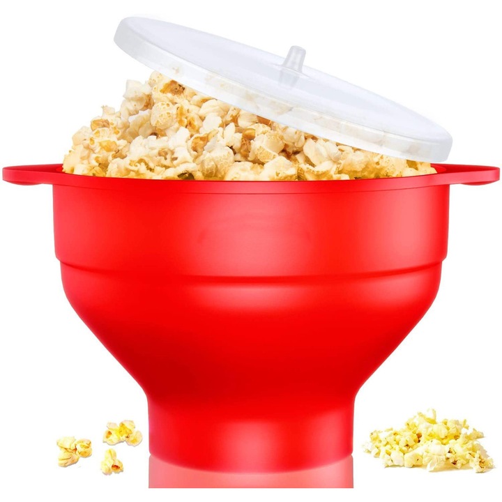 Bol pentru popcorn din silicon, compatibil cu microunde, rezistent la temperaturi pana la 230°C, pliabil 14.5-6 cm, cu capac si manere, fara BPA si PVC, Rosu, 1 buc
