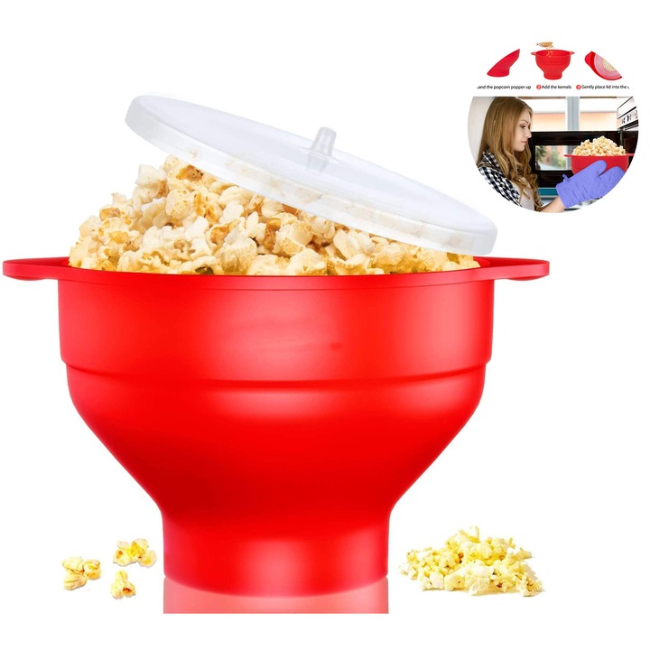 Szilikon popcorn tál, összecsukható, fedéllel, 14.5x6cm, hőálló, élelmiszer-biztonságos