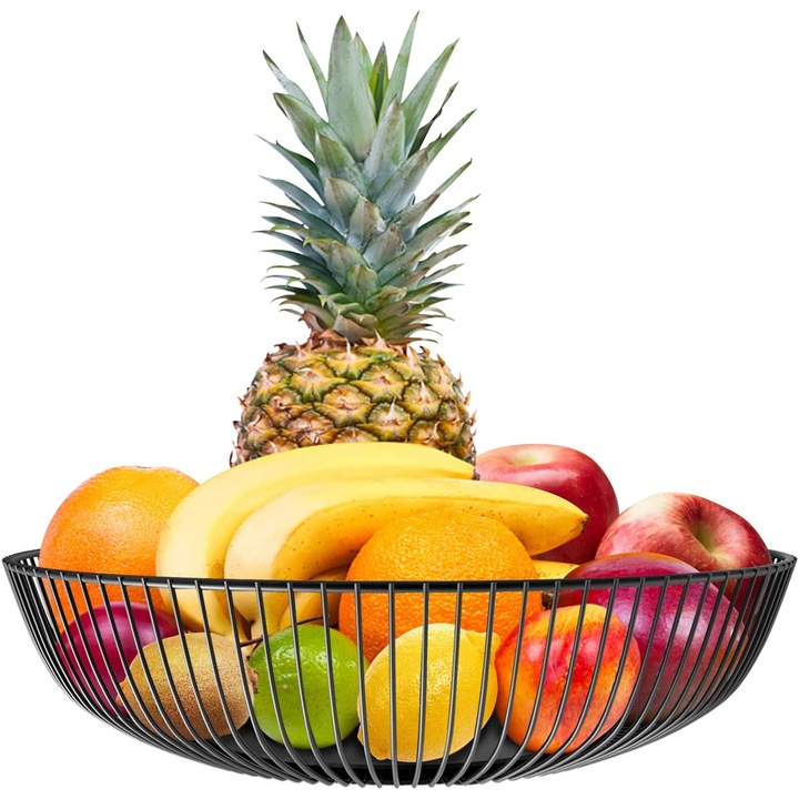 Bol pentru fructe/Cos pentru fructe metalic din sarma, cu design aerisit pentru prospetime, vopsit cu pulbere, rezistent la coroziune, negru, 1 buc