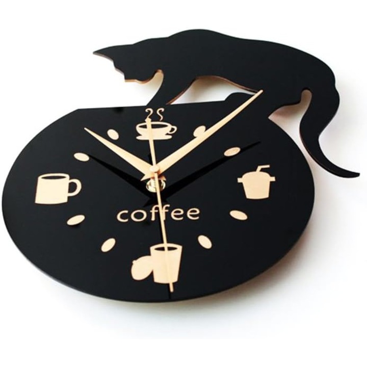 Ceas de perete decorativ, design pisica neagra, lemn si hartie, 30cm