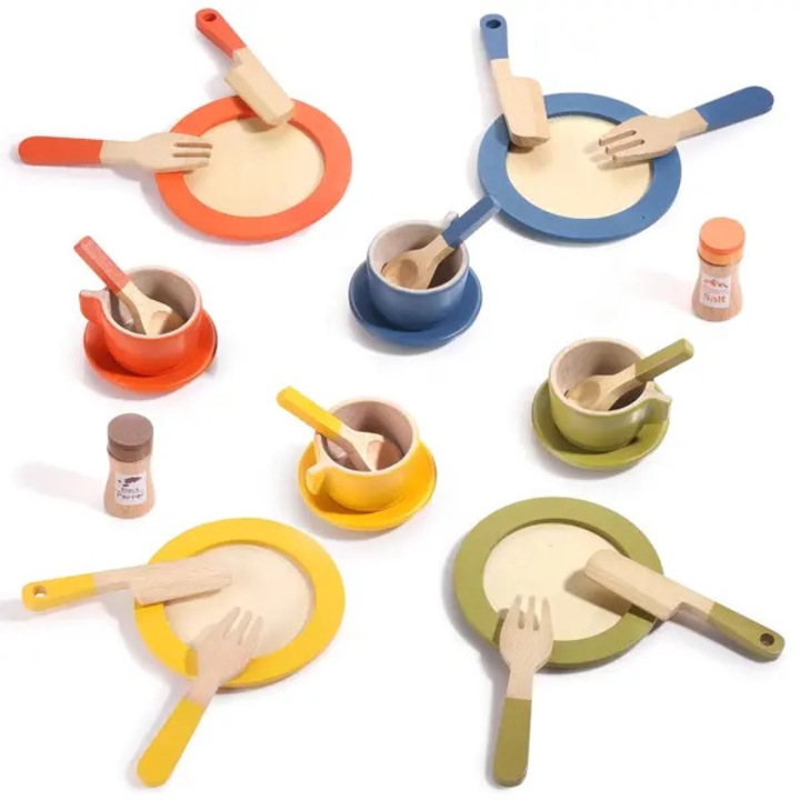 Set jucarii bucatarie din lemn, set ustensile pentru copii, vopsea pe baza de apa non-toxica, margini netede, educativ pentru joc de rol, multicolor, 26 piese