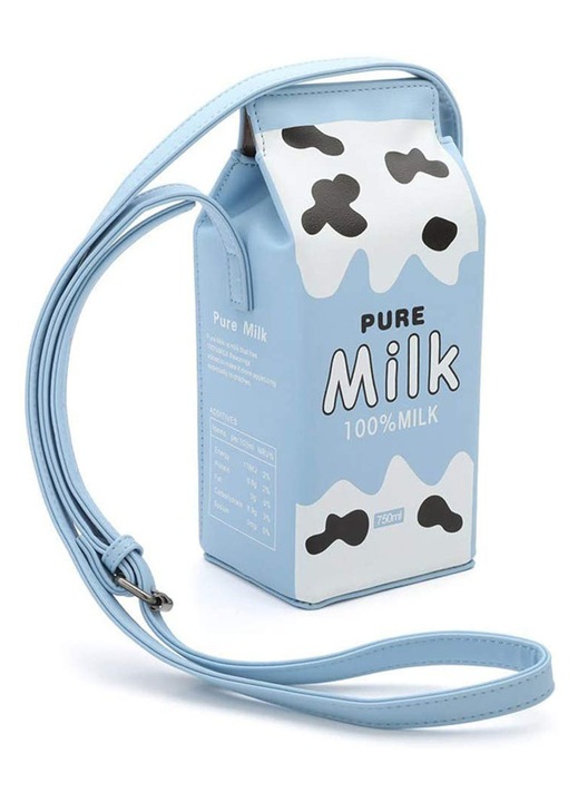 Crossbody táska/válltáska ökológiai bőrből (PU), telefontartó pénztárca, levehető pánt, Pure Milk doboz design banán és eper mintával, Többszínű, 24x11.5x9 cm