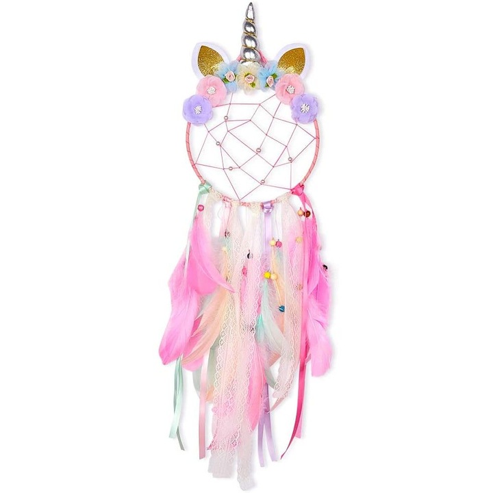 Decoratiune camera copilului, capcana de vise unicorn, pene colorate, flori, 30x50cm