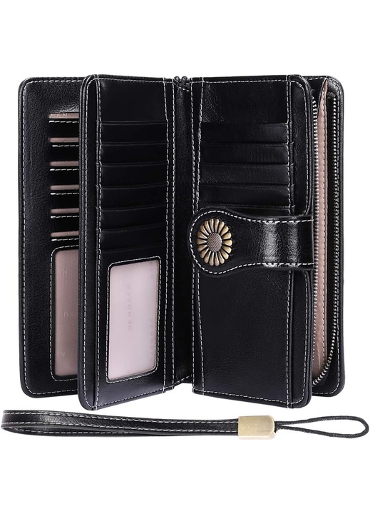 Portofel din piele, protectie RFID, multiple compartimente, negru