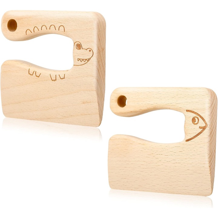 Set 2 cutite lemn copii, forme peste si crocodil, sigure, 2-10 ani