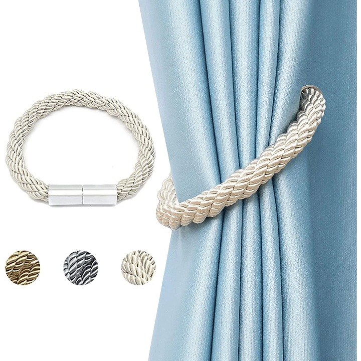 Suport magnetic pentru draperii, prindere pentru perdele, impletitura decorativa din poliester-bumbac, fara gaurire, magnet nichelat puternic, bej, 1 buc.