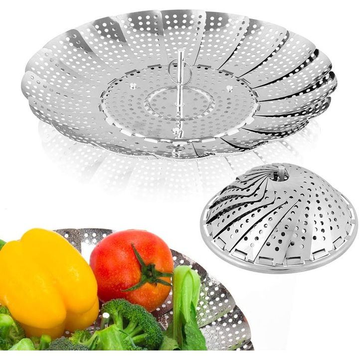 Cos pentru aburi legume (steamer) pliabil premium, otel inoxidabil, extensibil 15.5-26.7 cm (6.1"-10.5"), post central detasabil, argintiu, 1 buc