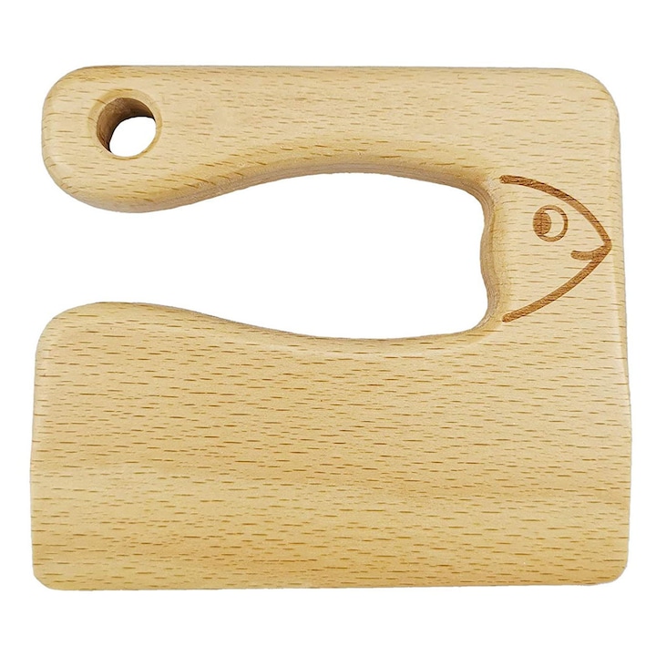 Cutit pentru copii/cutit jucarie Montessori, model peste, din lemn de fag, cu margini rotunjite fara lama ascutita, ergonomic, natural, 1 buc