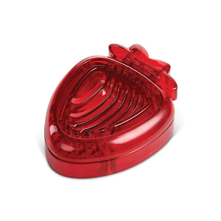 Feliator pentru capsuni, taietor uniform cu fire din otel inoxidabil, corp din ABS, compact, rosu, 3.75 x 3 in