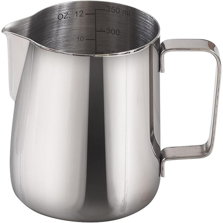 Tejhabosító kancsó, cappuccino edény, 304-es rozsdamentes acél, mérőskálával, ezüst, 350 ml