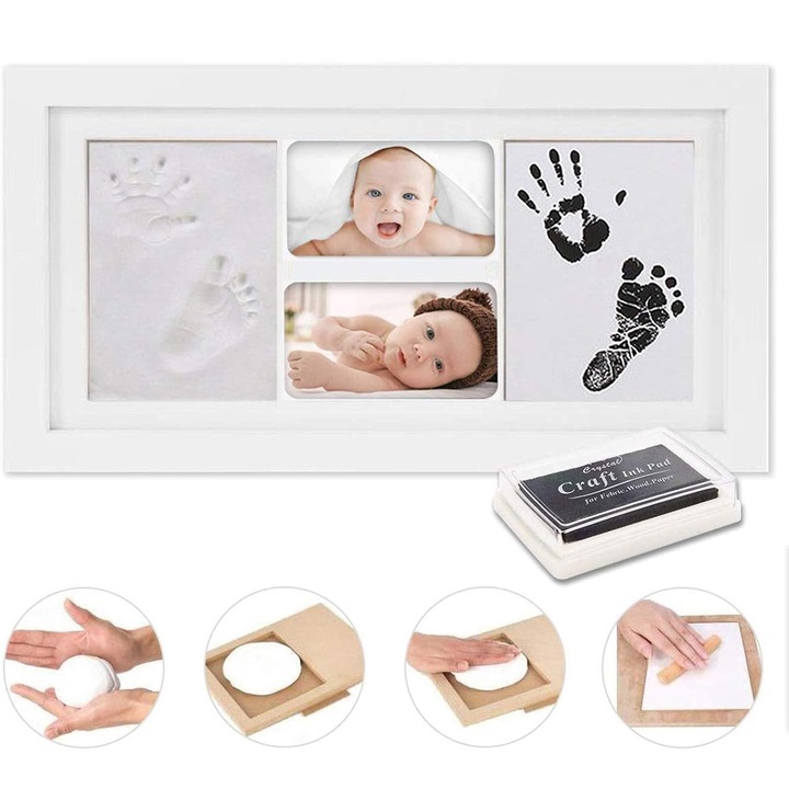 Rama lemn pentru amprente maini si picioare bebelus, set amintiri, alb, 40x21.5cm