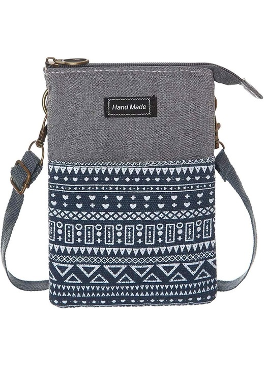 Vászon crossbody táska, telefontáska állítható pánttal, 3 fő zseb és cipzáras zseb, mágneses patent, szürke/kék, kicsi