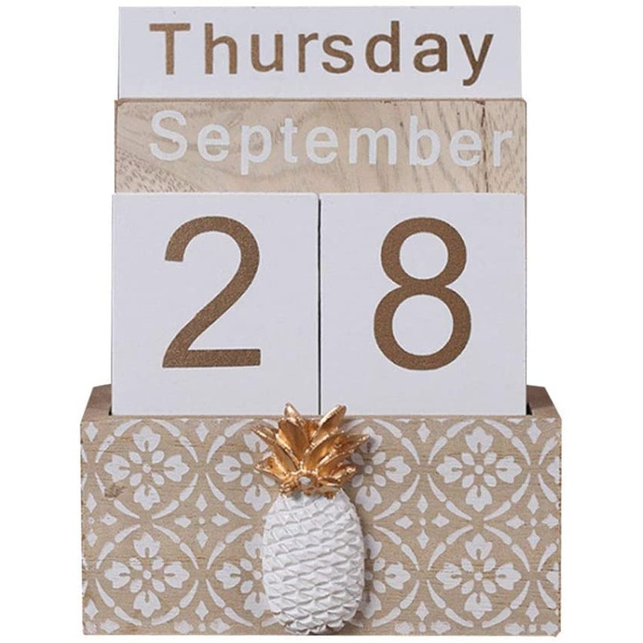 Calendar perpetuu din lemn, blocuri pentru zi si luna, crem, 14x7.5x15cm
