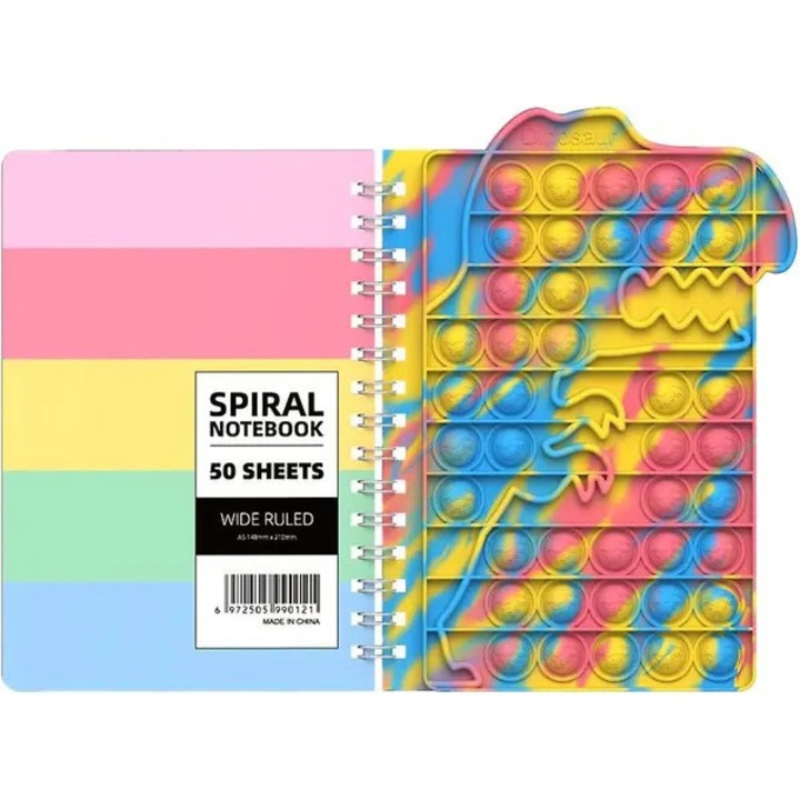 Caiet spiralat / blocnotes Pop Fidget Push Bubble, coperta din silicon senzoriala, hartie 100 gsm fara acid, multicolor, A5, 50 foi