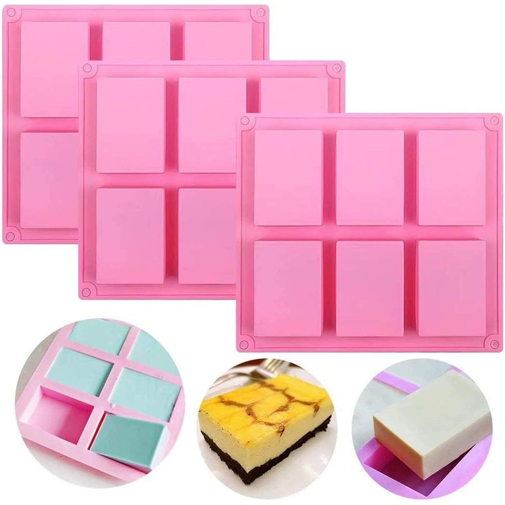 Set 3 forme silicon dreptunghiulare 6 cavitati roz 7.9x5.6x2.5cm multifunctionale