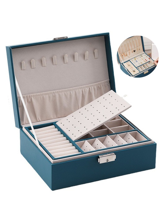Organizator de cutie de bijuterii pentru femei si fete, cutie mare pentru depozitarea bijuteriilor pentru barbati, cu 2 niveluri, suport pentru bijuterii din piele PU cu tava detasabila pentru coliere, cercei, inele, bratari, cadou vintage (verde inchis)